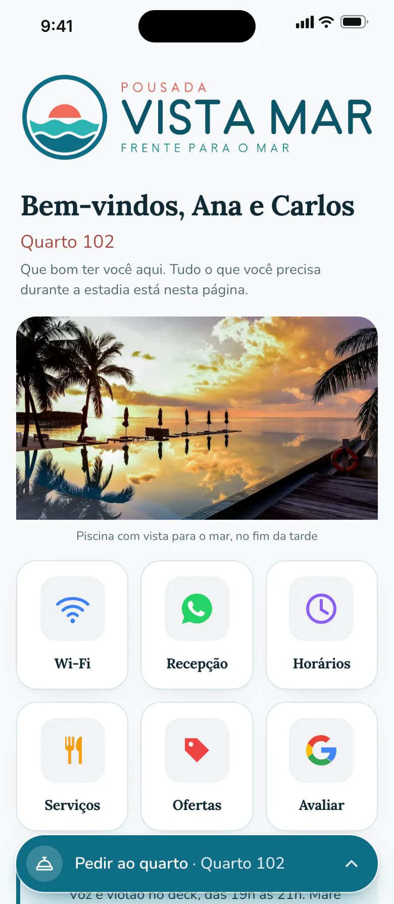 Página de exemplo de uma pousada no celular, com boas-vindas aos hóspedes pelo nome e atalhos para Wi-Fi, recepção e horários