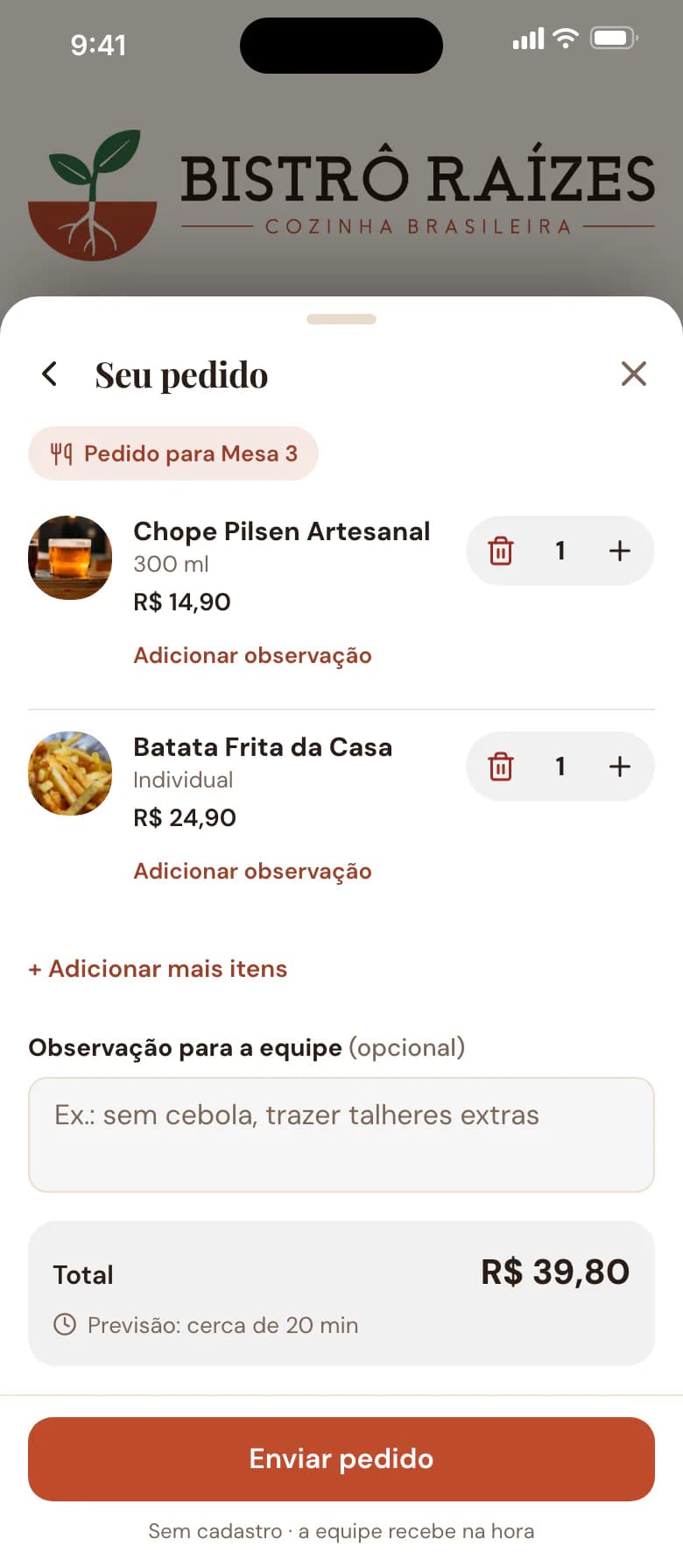 Pedido no celular: dois itens para a Mesa 3, o total e o botão Enviar pedido