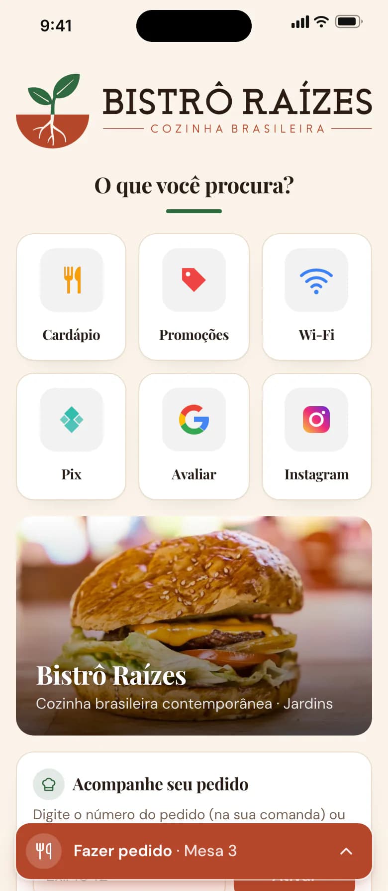 Página de exemplo de um restaurante no celular, com atalhos para cardápio, promoções e Wi-Fi e o botão Fazer pedido