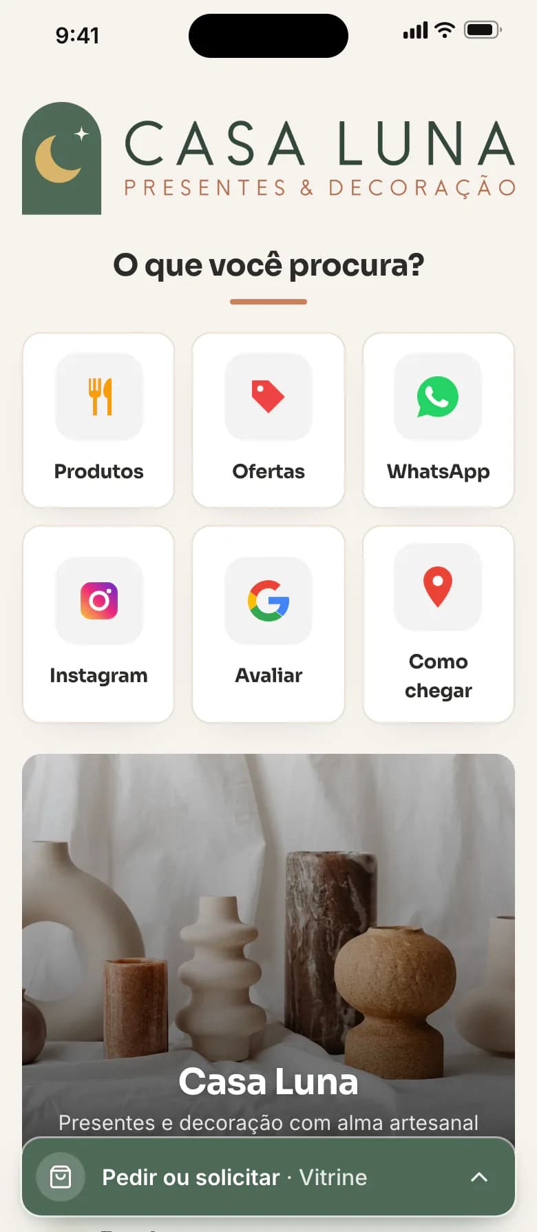 Página de exemplo de uma loja no celular, com atalhos para produtos, ofertas, WhatsApp e avaliação