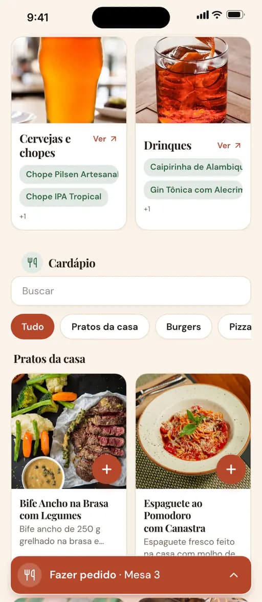 Cardápio do Bistrô Raízes no celular: cartões de categoria com foto de cervejas e drinques, busca, filtros por categoria e a grade de pratos com foto, com a barra Fazer pedido da Mesa 3 no rodapé