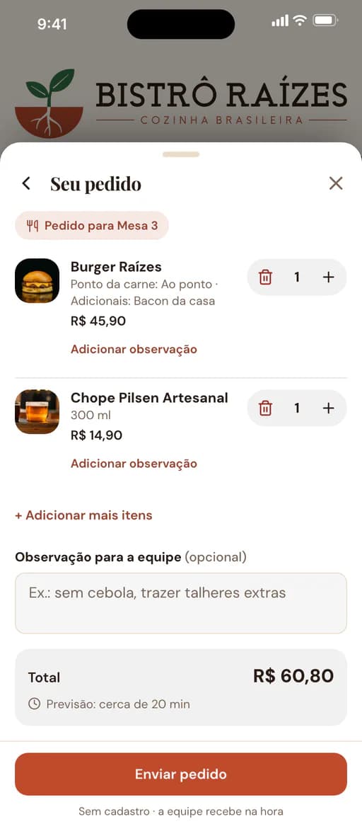 Pedido da Mesa 3 pronto para enviar: hambúrguer ao ponto com bacon da casa e chope, total do pedido e o botão Enviar pedido