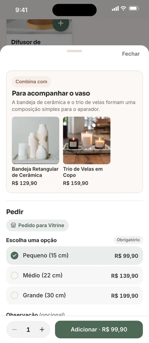 Detalhe do Vaso Anel de Cerâmica na Casa Luna: produtos que combinam com o vaso, com foto e preço, e a escolha do tamanho pequeno, médio ou grande, cada um com o seu preço