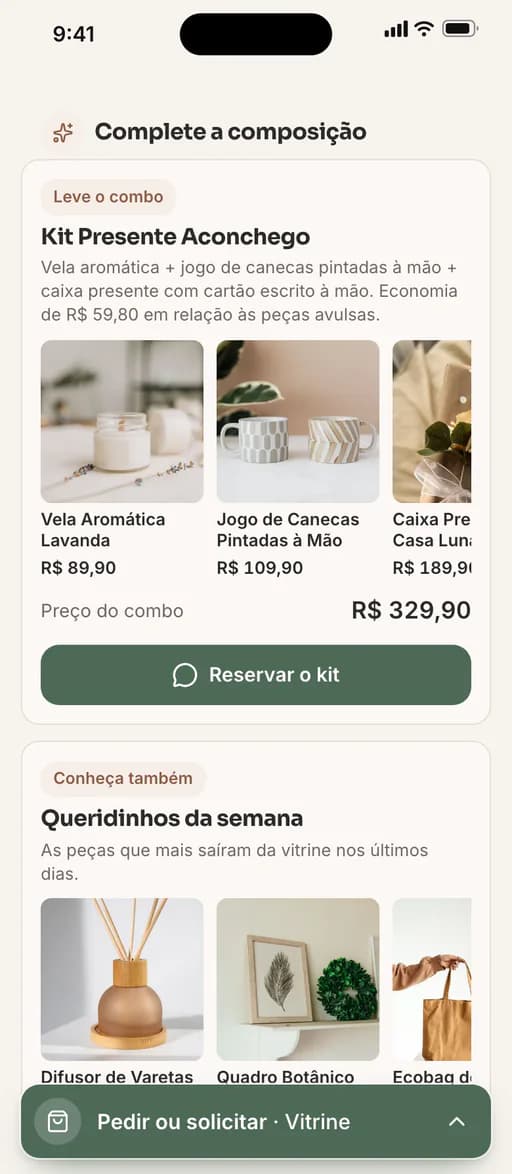 Destaques da Casa Luna: combo Kit Presente Aconchego com três produtos, o preço do combo e o botão Reservar o kit, e a lista Queridinhos da semana com fotos
