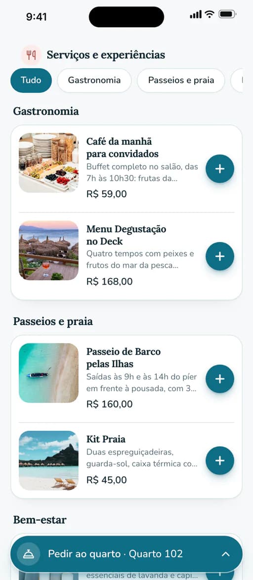 Serviços e experiências da Pousada Vista Mar: filtros por categoria e lista com foto e preço do café da manhã, do menu degustação no deck, do passeio de barco e do kit praia