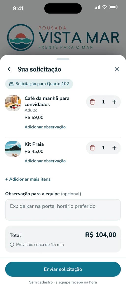 Solicitação do Quarto 102 pronta para enviar: café da manhã para convidados e kit praia, total e o botão Enviar solicitação